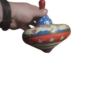 Vintage kids playing on farm Spinning Top Ohio Art Tin Metal Scat Pack